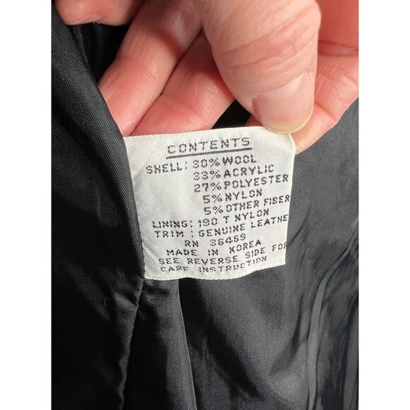 Coat wool charcoal teal pink blue high neck leather trim - Picture 13 of 14